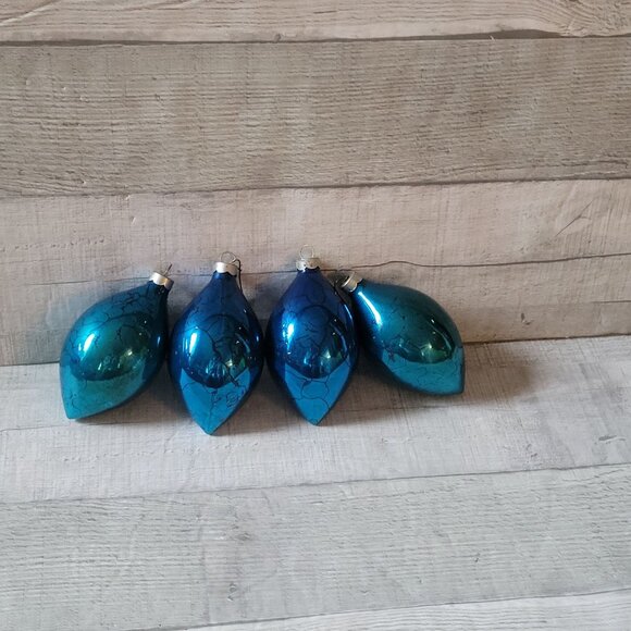 Vintage Shiny Brite Blue Glass Crackle Christmas Teardrop Ornaments Set Of 4 Mad - Picture 1 of 3